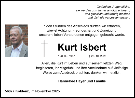 Traueranzeige von Kurt Isbert von Rhein-Zeitung
