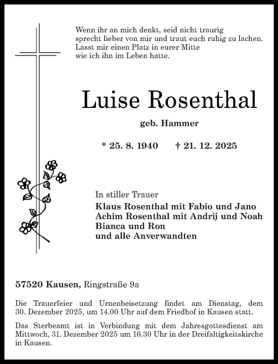 Traueranzeige von Luise Rosenthal von Rhein-Zeitung