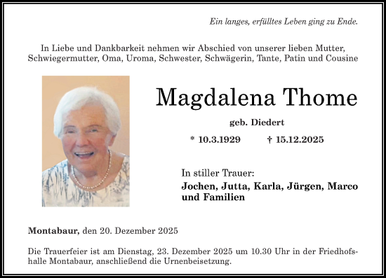 Traueranzeige von Magdalena Thome von Westerwälder Zeitung