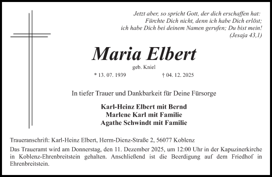 Traueranzeige von Maria Elbert von Rhein-Zeitung