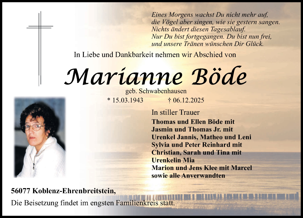  Traueranzeige für Marianne Böde vom 13.12.2025 aus Rhein-Zeitung