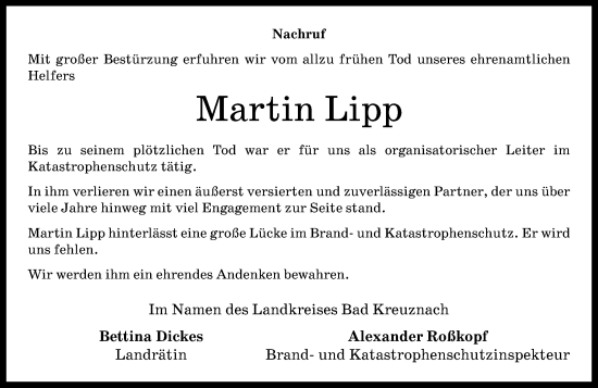 Traueranzeige von Martin Lipp von Oeffentlicher Anzeiger