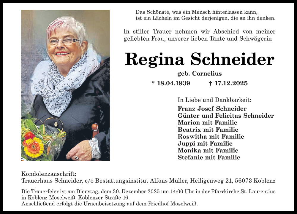  Traueranzeige für Regina Schneider vom 20.12.2025 aus Rhein-Zeitung