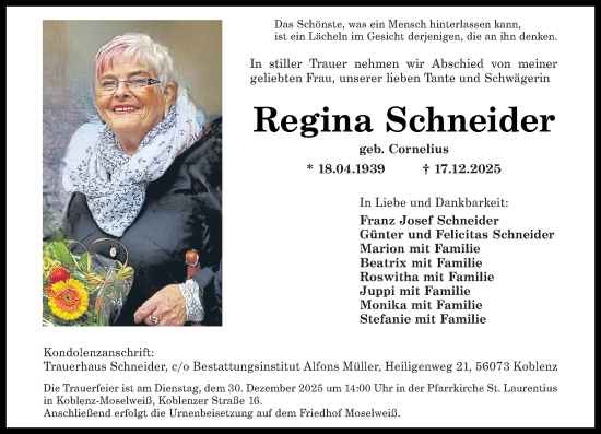 Traueranzeige von Regina Schneider von Rhein-Zeitung