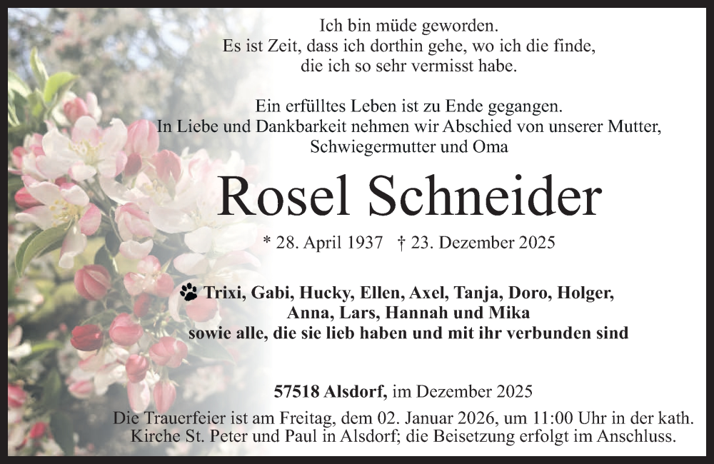  Traueranzeige für Rosel Schneider vom 30.12.2025 aus Rhein-Zeitung