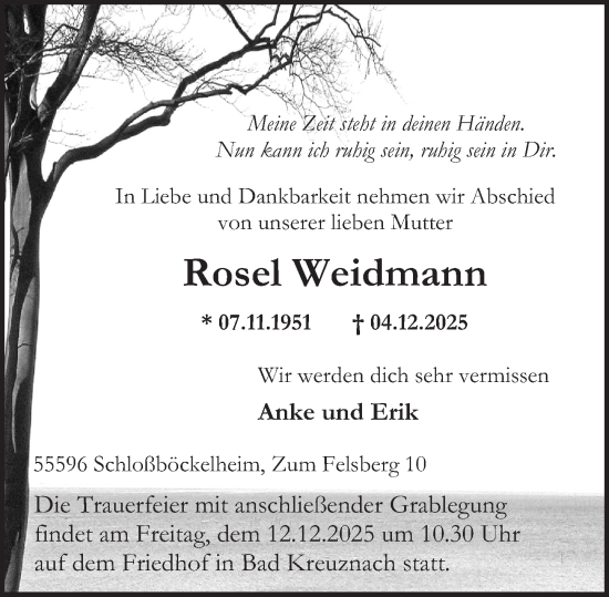 Traueranzeige von Rosel Weidmann von Oeffentlicher Anzeiger