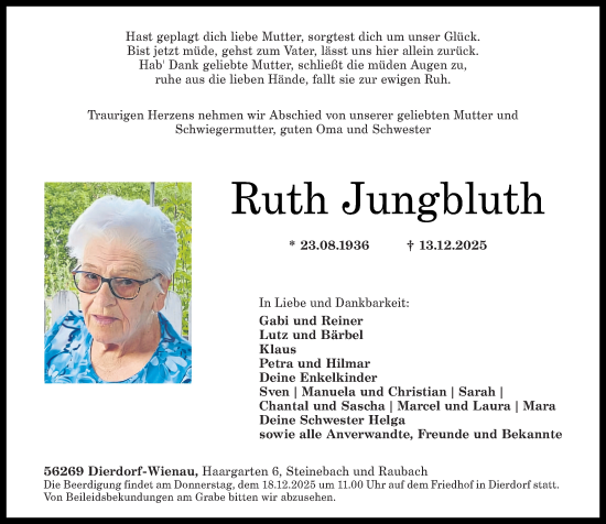 Traueranzeige von Ruth Jungbluth von Rhein-Zeitung