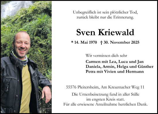 Traueranzeige von Sven Kriewald von Oeffentlicher Anzeiger