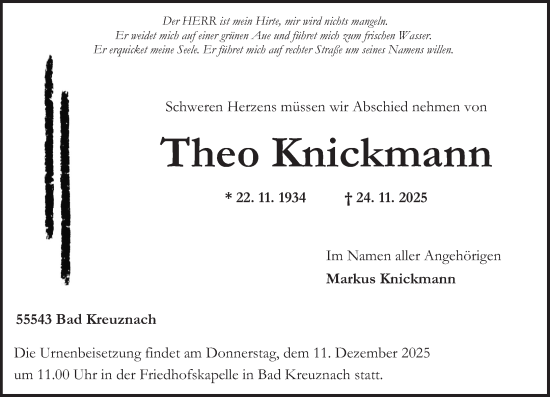 Traueranzeige von Theo Knickmann von Oeffentlicher Anzeiger