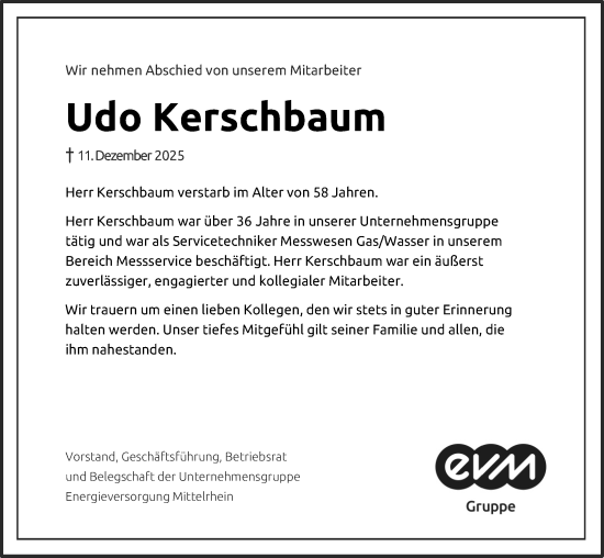 Traueranzeige von Udo Kerschbaum von Rhein-Zeitung