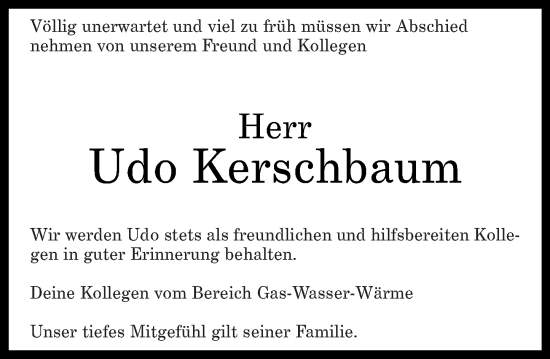 Traueranzeige von Udo Kerschbaum von Rhein-Zeitung