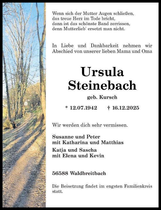 Traueranzeige von Ursula Steinebach von Rhein-Zeitung