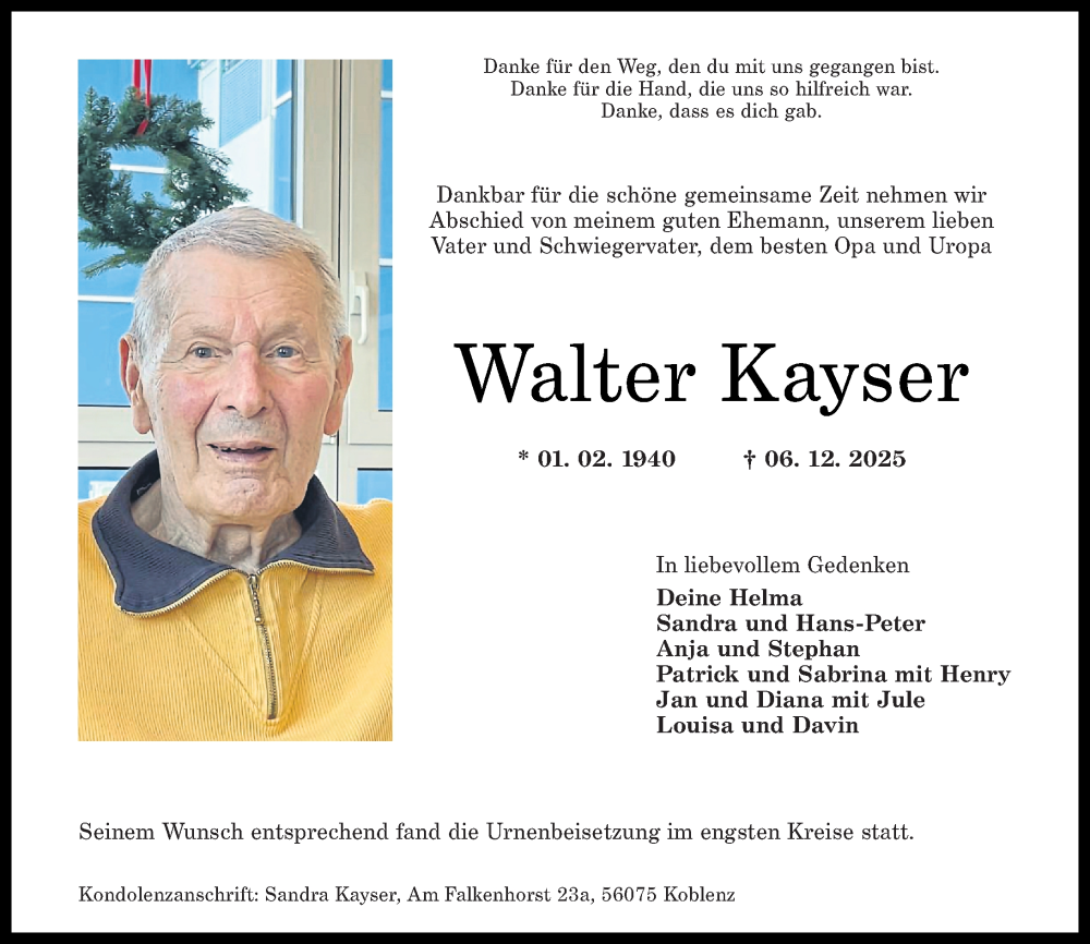  Traueranzeige für Walter Kayser vom 20.12.2025 aus Rhein-Zeitung