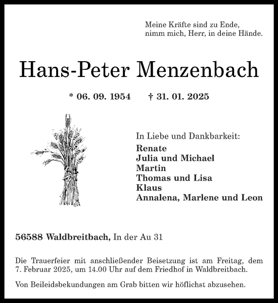 Traueranzeige von Hans-Peter Menzenbach von Rhein-Zeitung