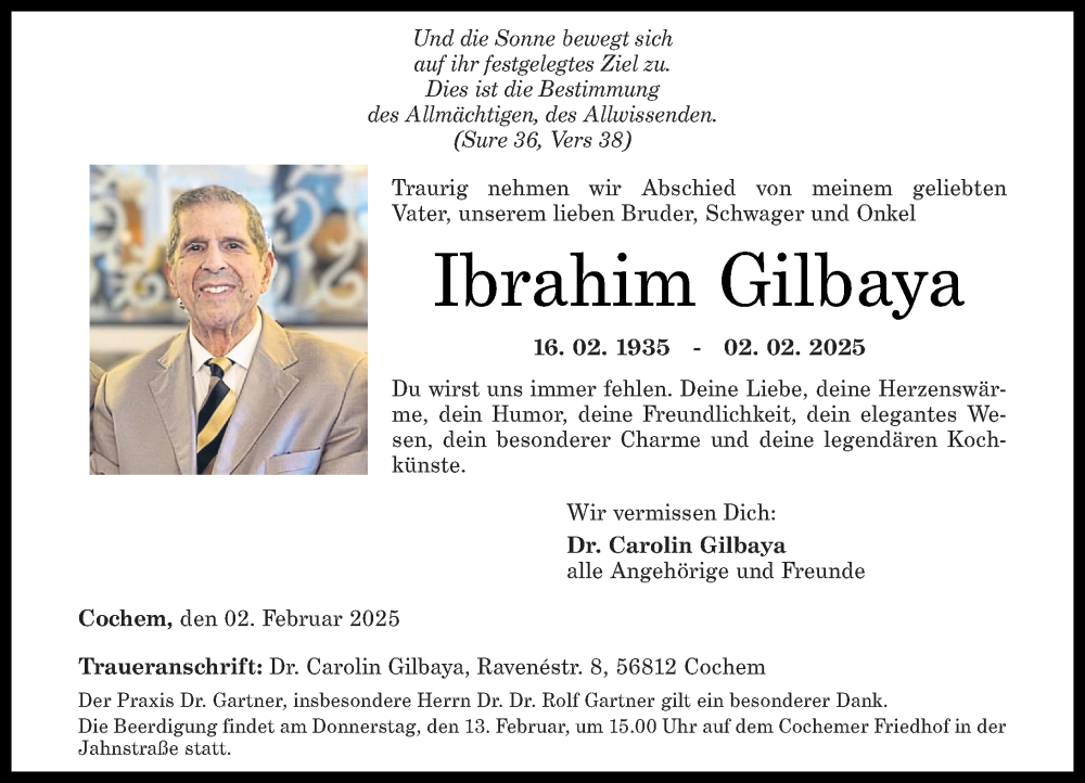  Traueranzeige für Ibrahim Gilbaya vom 08.02.2025 aus Rhein-Zeitung