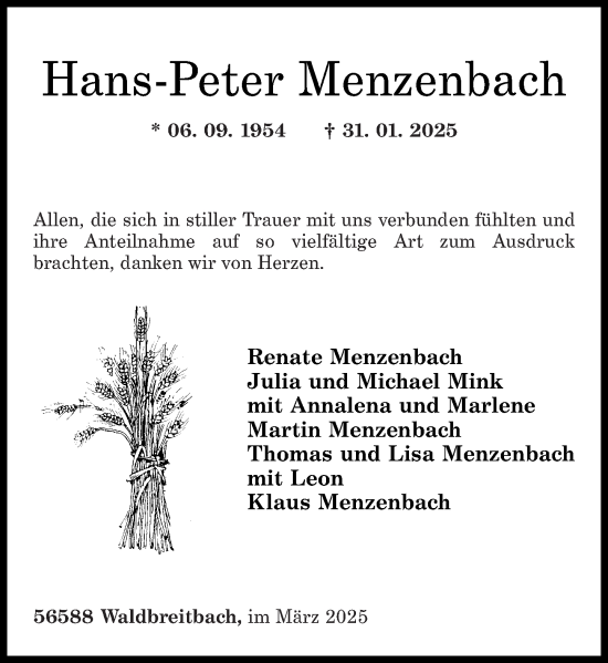 Traueranzeige von Hans-Peter Menzenbach von Rhein-Zeitung