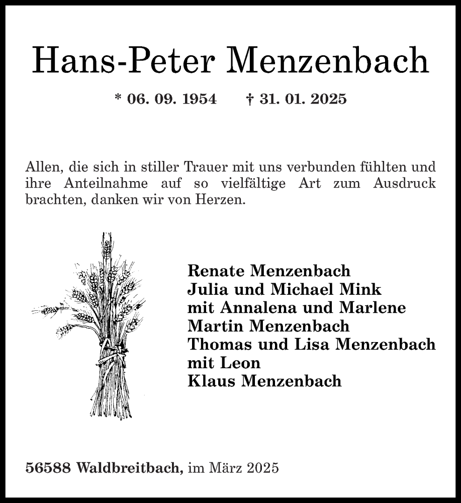  Traueranzeige für Hans-Peter Menzenbach vom 08.03.2025 aus Rhein-Zeitung
