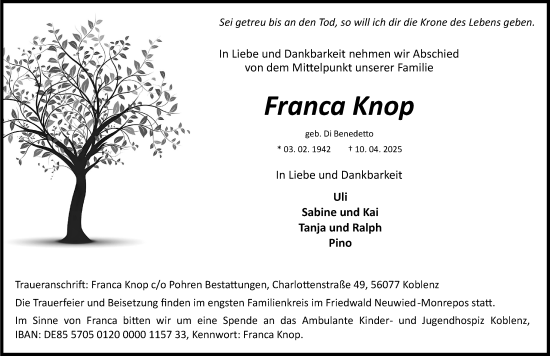 Traueranzeige von Franca Knop von Rhein-Zeitung