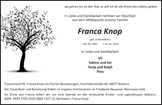 Traueranzeige von Franca Knop von Rhein-Hunsrück-Zeitung
