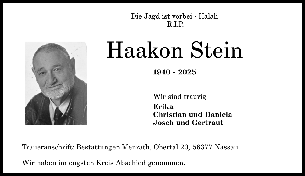  Traueranzeige für Haakon Stein vom 03.05.2025 aus Rhein-Zeitung