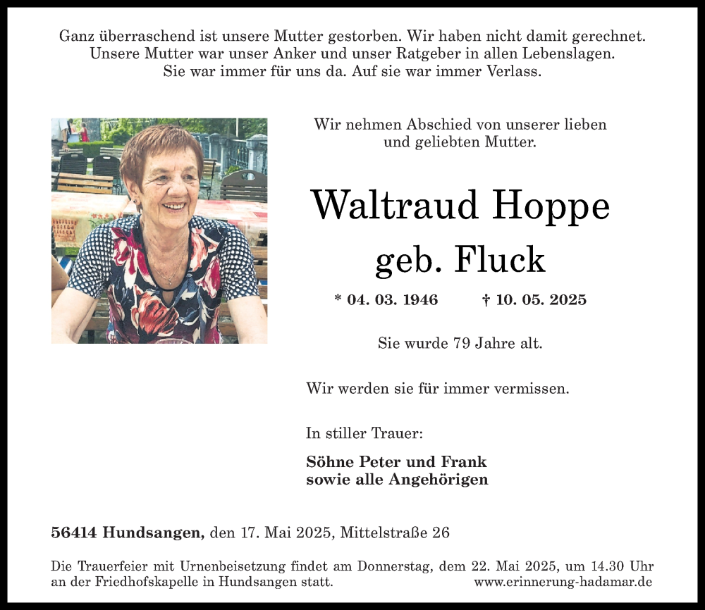  Traueranzeige für Waltraud Hoppe vom 17.05.2025 aus Westerwälder Zeitung