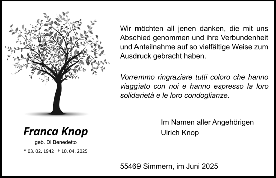 Traueranzeige von Franca Knop von Rhein-Hunsrück-Zeitung