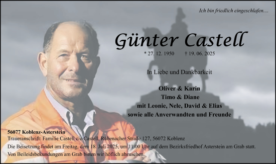 Traueranzeige von Günter Castell von Rhein-Zeitung