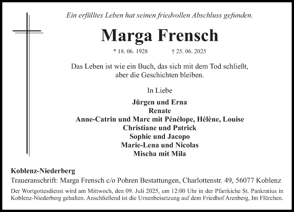  Traueranzeige für Marga Frensch vom 28.06.2025 aus Rhein-Zeitung