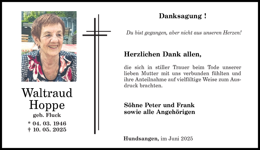  Traueranzeige für Waltraud Hoppe vom 21.06.2025 aus Westerwälder Zeitung