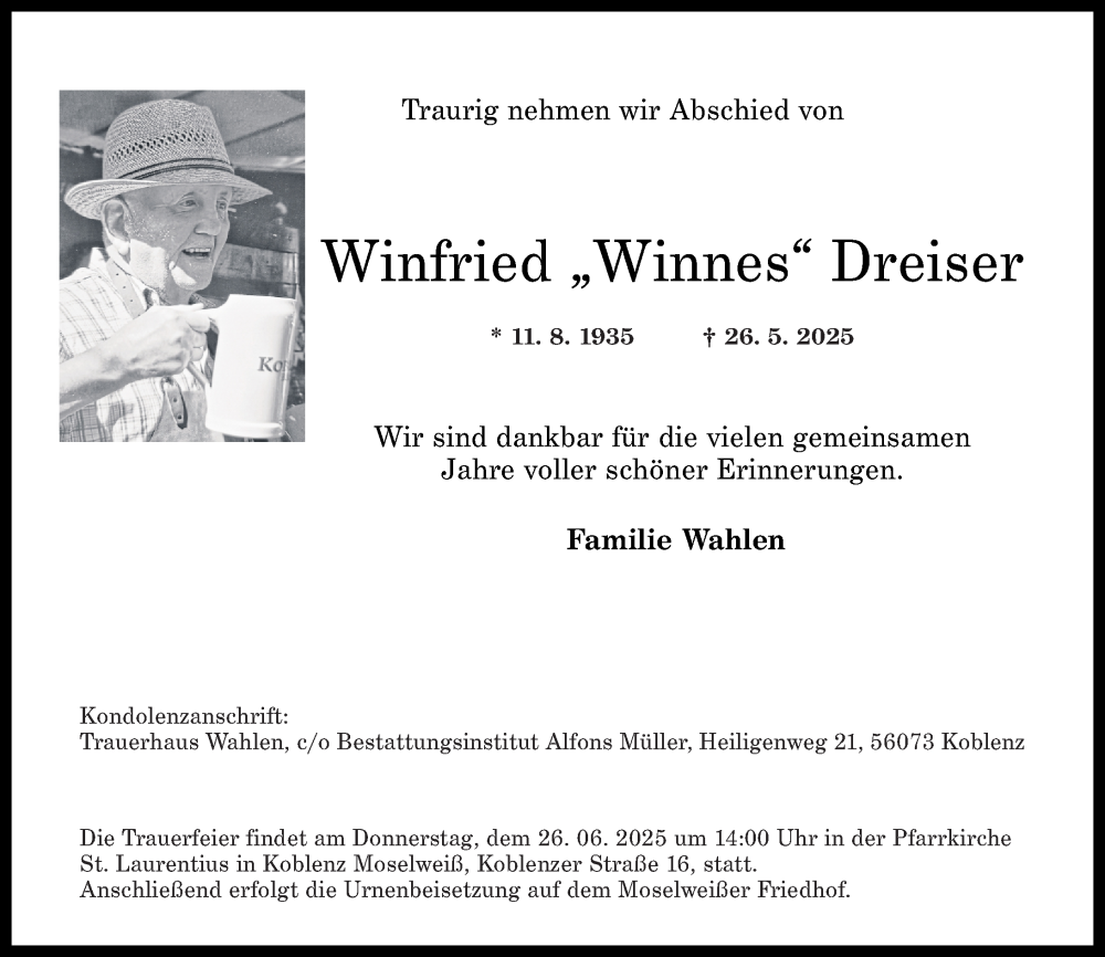  Traueranzeige für Winfried Dreiser vom 14.06.2025 aus Rhein-Zeitung
