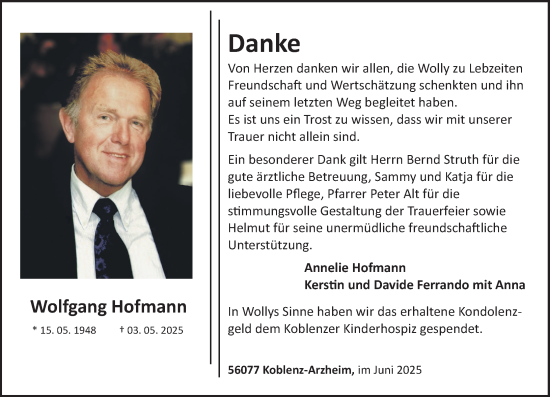 Traueranzeige von Wolly Hofmann von Rhein-Zeitung, Westerwälder Zeitung