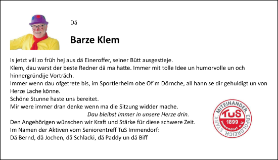 Traueranzeige von Barze Klem von Rhein-Zeitung