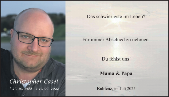 Traueranzeige von Christopher Casel von Rhein-Zeitung