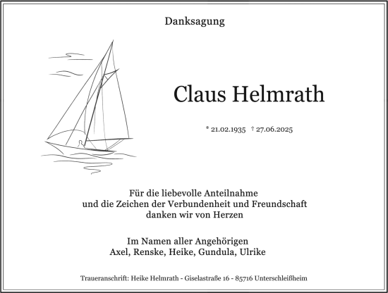 Traueranzeige von Claus Helmrath von Oeffentlicher Anzeiger