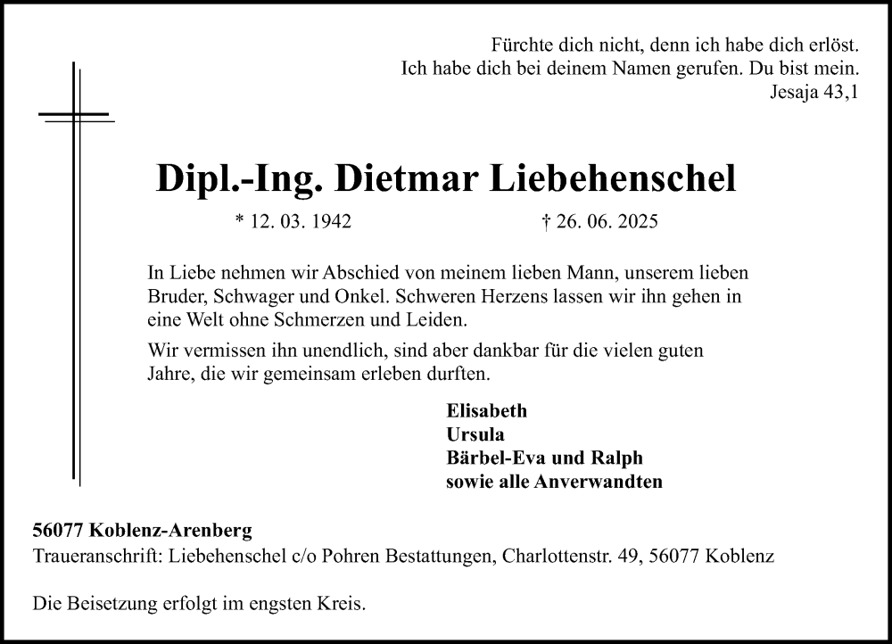  Traueranzeige für Dietmar Liebehenschel vom 05.07.2025 aus Rhein-Zeitung