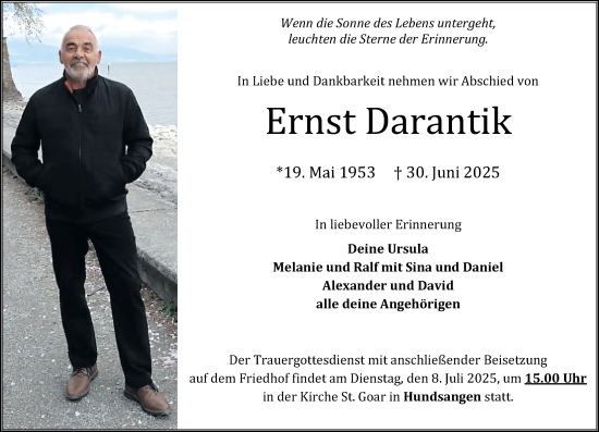 Traueranzeige von Ernst Darantik von Westerwälder Zeitung