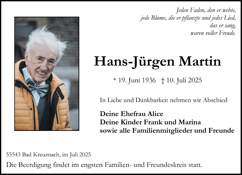  Traueranzeige für Hans-Jürgen Martin vom 26.07.2025 aus Oeffentlicher Anzeiger