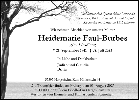 Traueranzeige von Heidemarie Faul-Burbes von Oeffentlicher Anzeiger