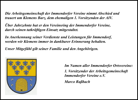 Traueranzeige von Klemens Barz von Rhein-Zeitung