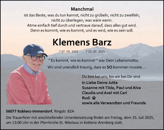 Traueranzeige von Klemens Barz von Rhein-Zeitung