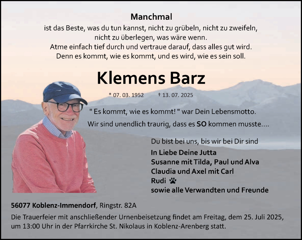  Traueranzeige für Klemens Barz vom 19.07.2025 aus Rhein-Zeitung