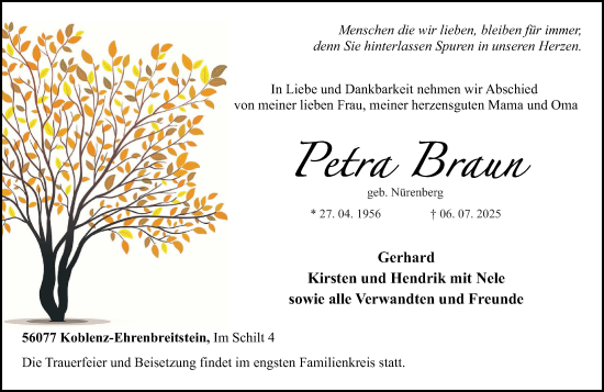 Traueranzeige von Petra Braun von Rhein-Zeitung