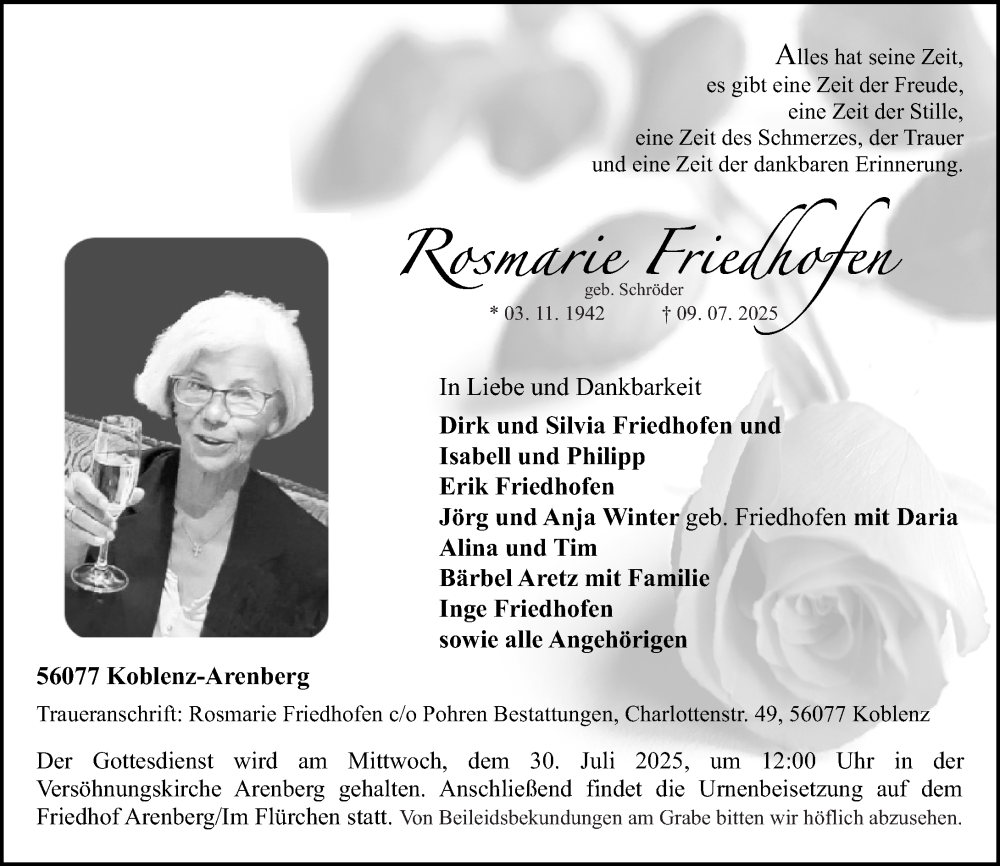  Traueranzeige für Rosmarie Friedhofen vom 19.07.2025 aus Rhein-Zeitung
