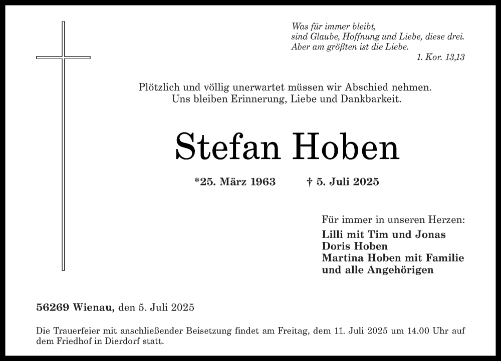  Traueranzeige für Stefan Hoben vom 09.07.2025 aus Rhein-Zeitung