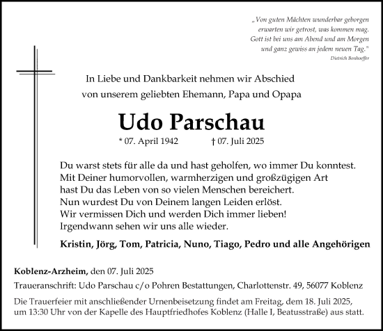 Traueranzeige von Udo Parschau von Rhein-Zeitung