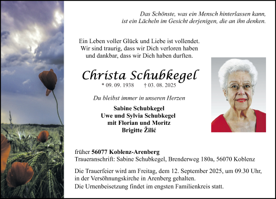 Traueranzeige von Christa Schubkegel von Rhein-Zeitung