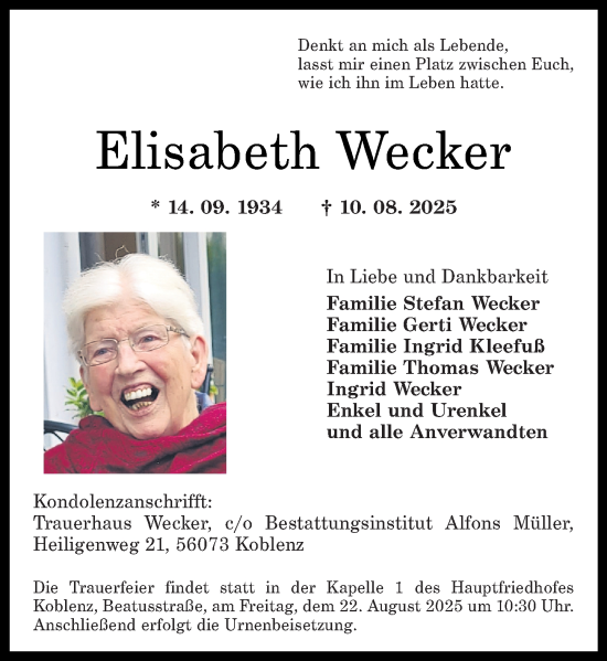 Traueranzeige von Elisabeth Wecker von Rhein-Zeitung