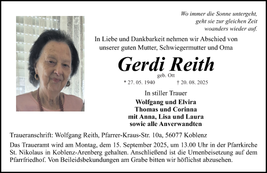 Traueranzeige von Gerdi Reith von Rhein-Zeitung