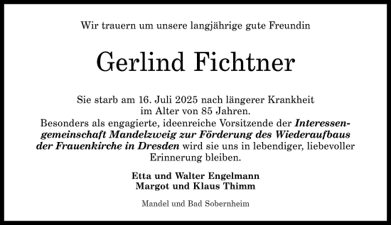 Traueranzeige von Gerlind Fichtner von Oeffentlicher Anzeiger