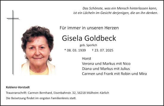 Traueranzeige von Gisela Goldbeck von Rhein-Zeitung